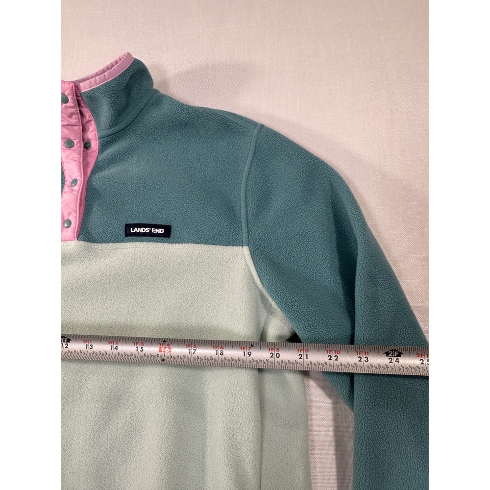 Lands End Kids Fleece Pullover Snap Mock Neck Teal Green Pink L 14-16 Colorblock - Picture 7 of 8